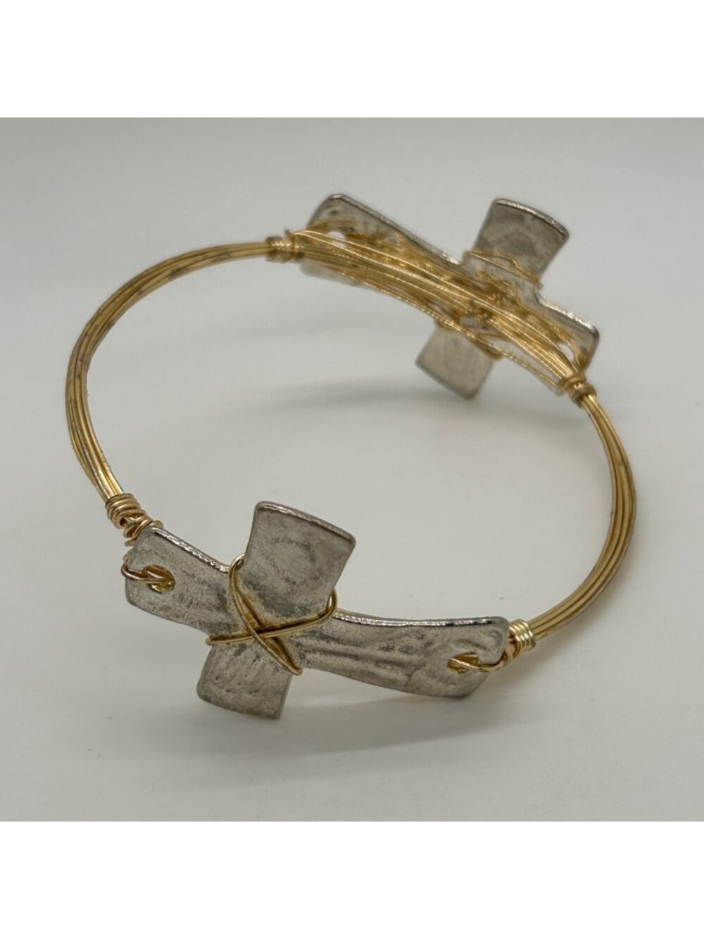 Mixed Metal Bracelet Gold Tone Wire Wrapped Silver Tone Cross Bangle Religious